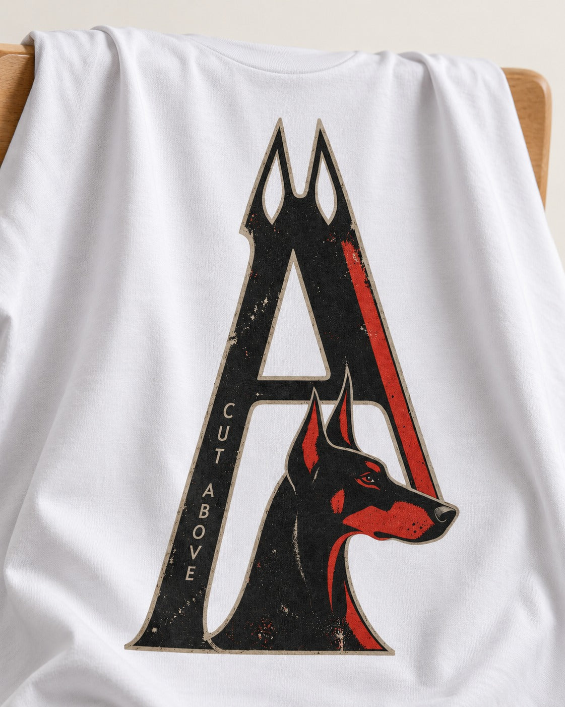 Doberman A Cut Above T-Shirt in White, close-up of the graphic