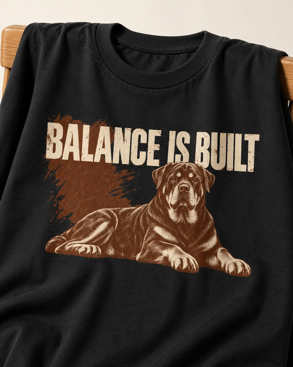 Rottweiler Balance Is Built Resting Strength Graphic T-Shirt in Black, close-up of the graphic
