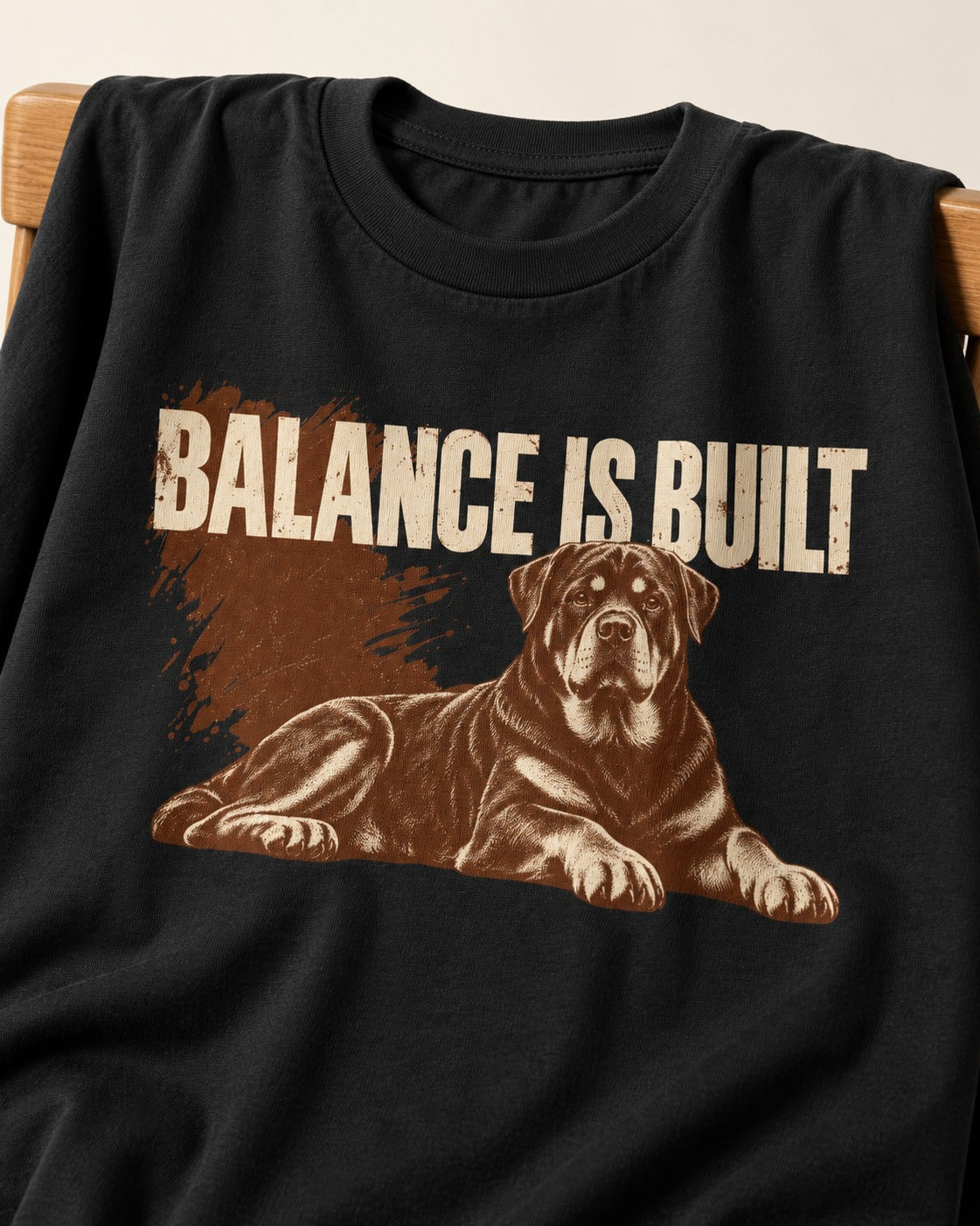 Rottweiler Balance Is Built Resting Strength Graphic T-Shirt in Black, close-up of the graphic