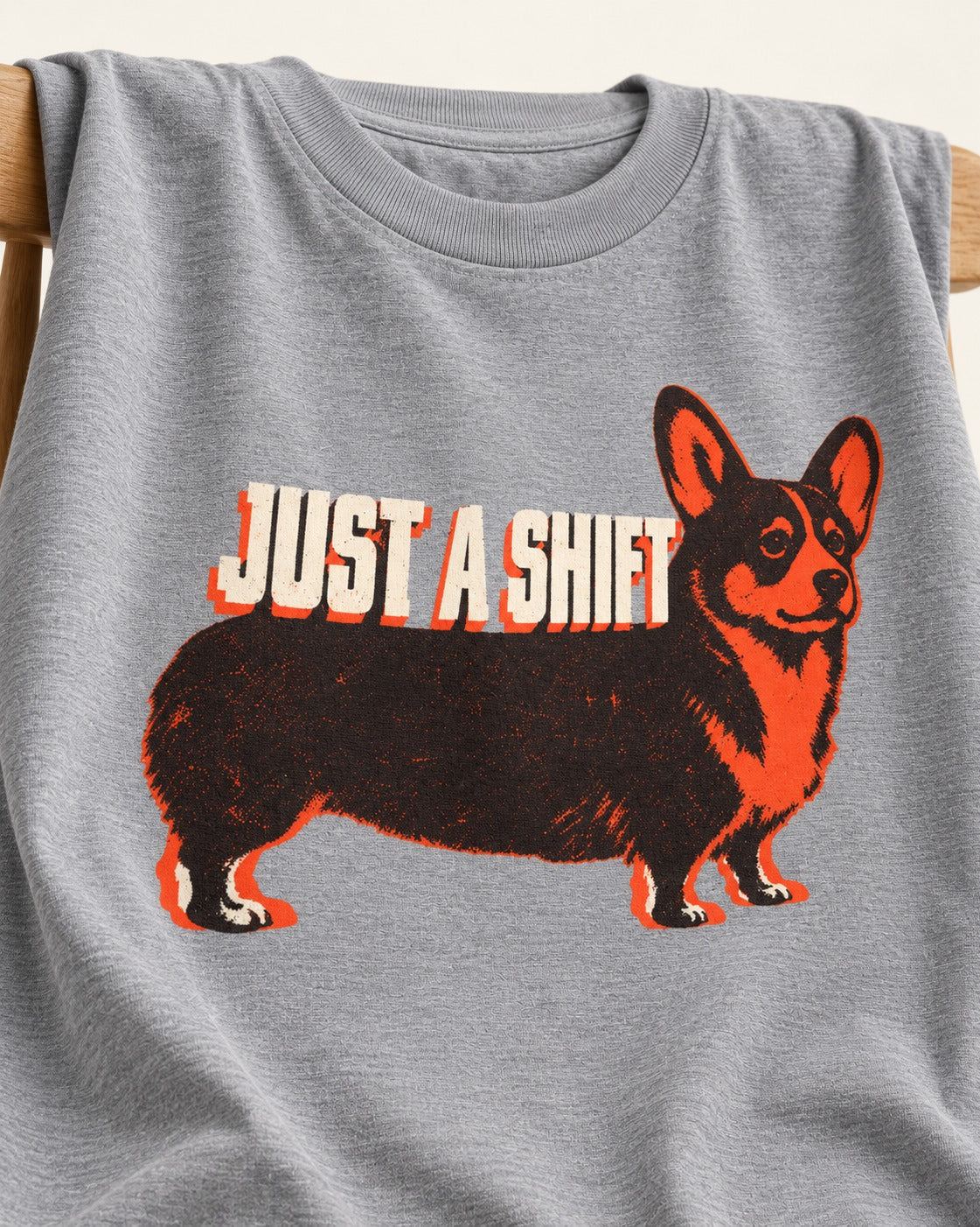 Corgi Just a Shift Typographic Graphic T-Shirt in Sport Grey, close-up of the graphic