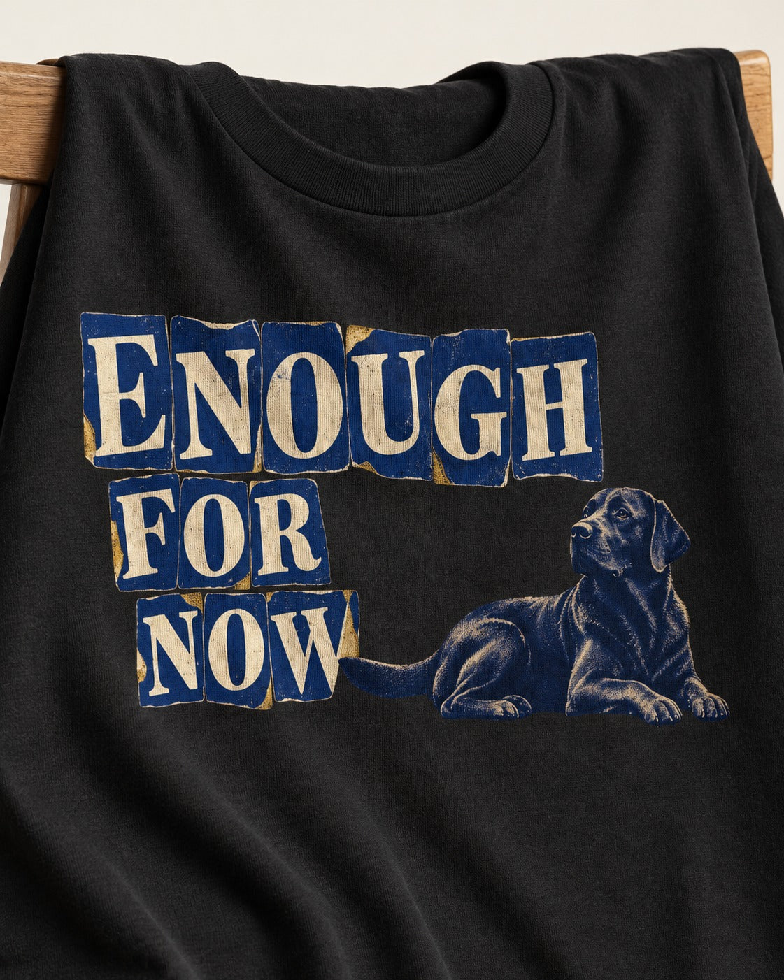 Labrador Retriever Enough for Now Reclining Graphic T-Shirt in Black, close-up of the graphic