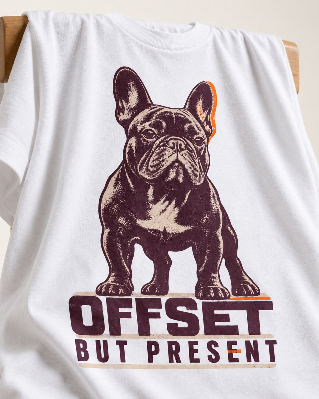 Offset but Present Frenchie T-Shirt in White, close-up of the graphic