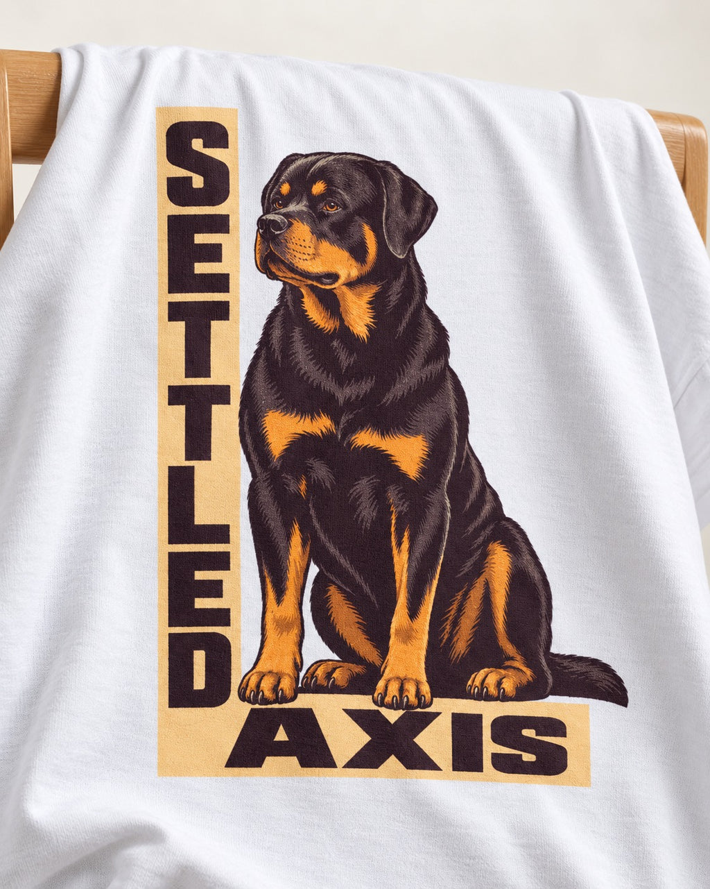 Settled Axis Rottweiler T-Shirt in White, close-up of the graphic