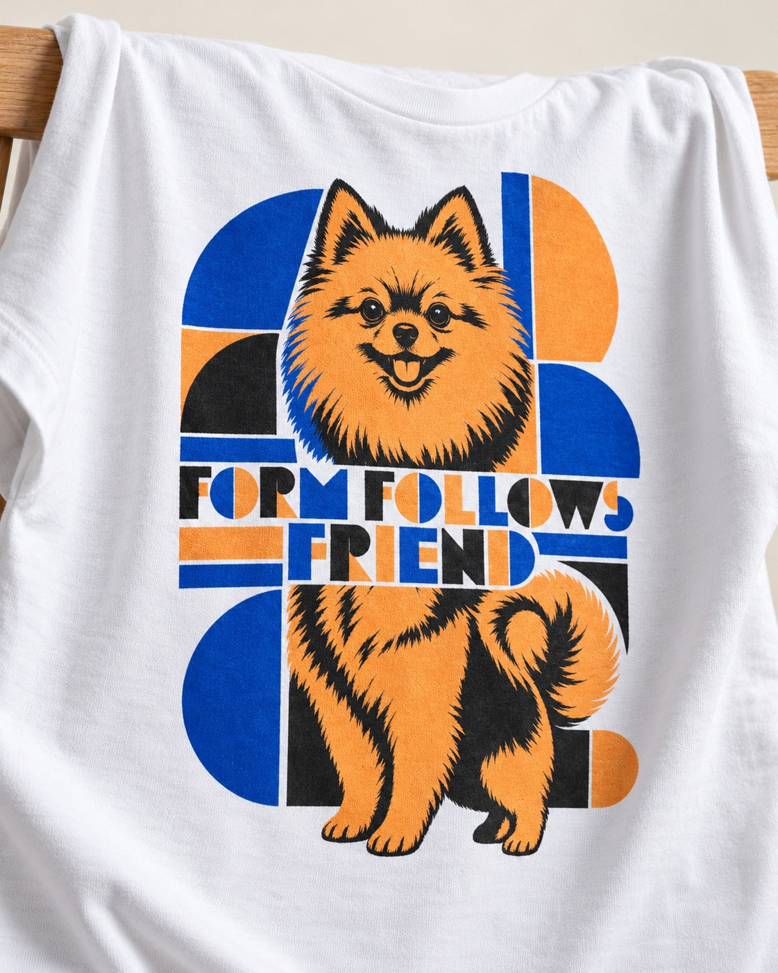 Form Follows Pomeranian Friend T-Shirt in White, close-up of the graphic