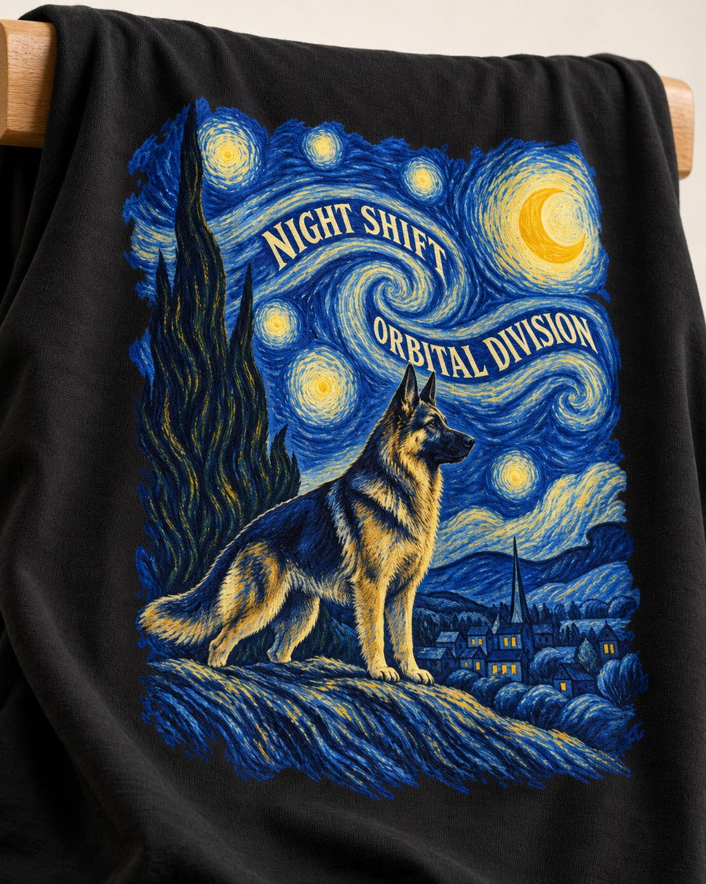 German Shepherd Dog Night Shift Orbital Division Starry Night T-Shirt in Black, close-up of the graphic