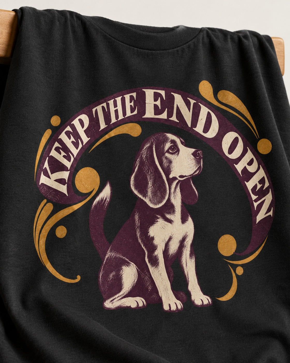 Beagle Keep The End Open Ornamental Graphic T-Shirt in Black, close-up of the graphic