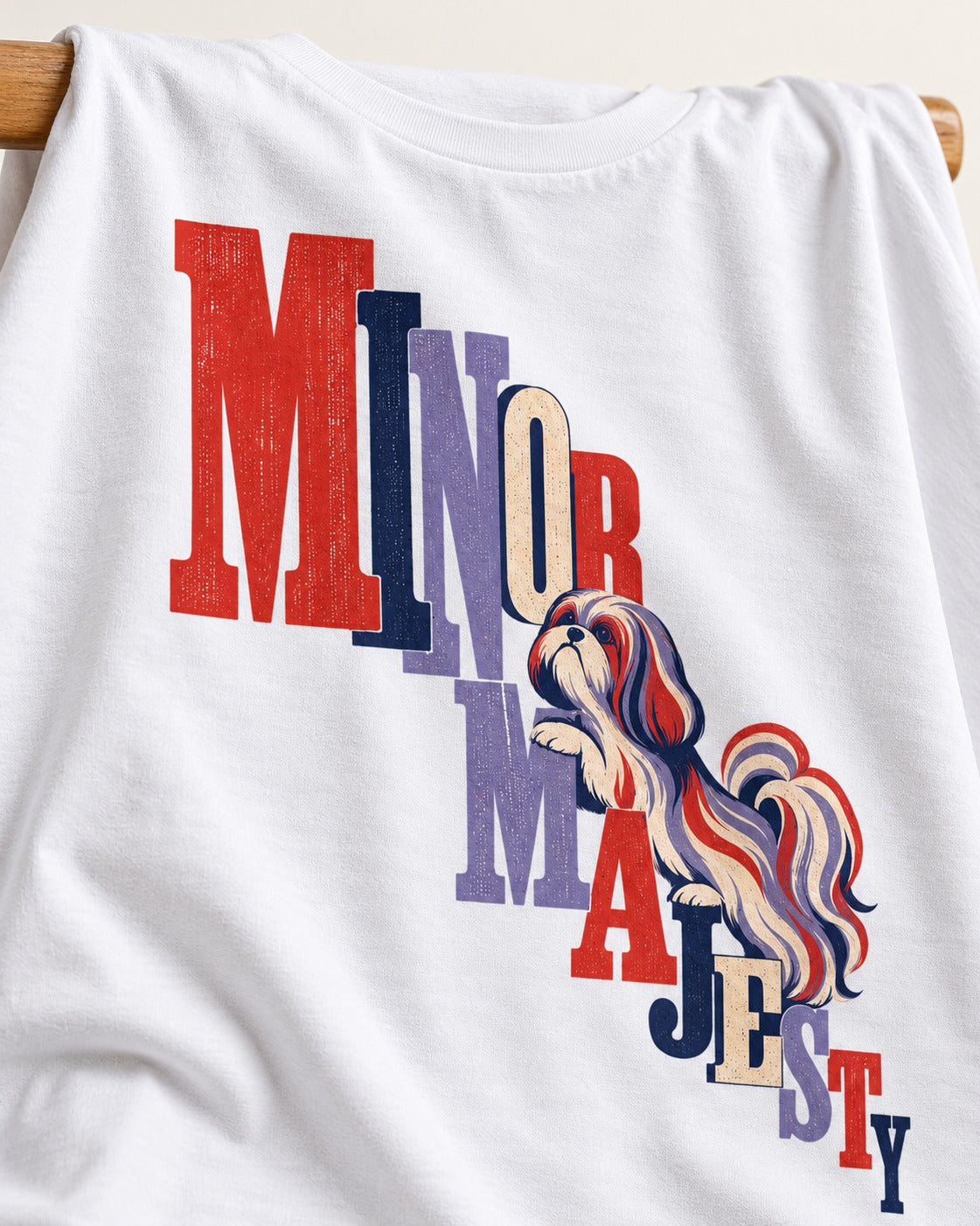 Shih Tzu Minor Majesty T-Shirt in White, close-up of the graphic