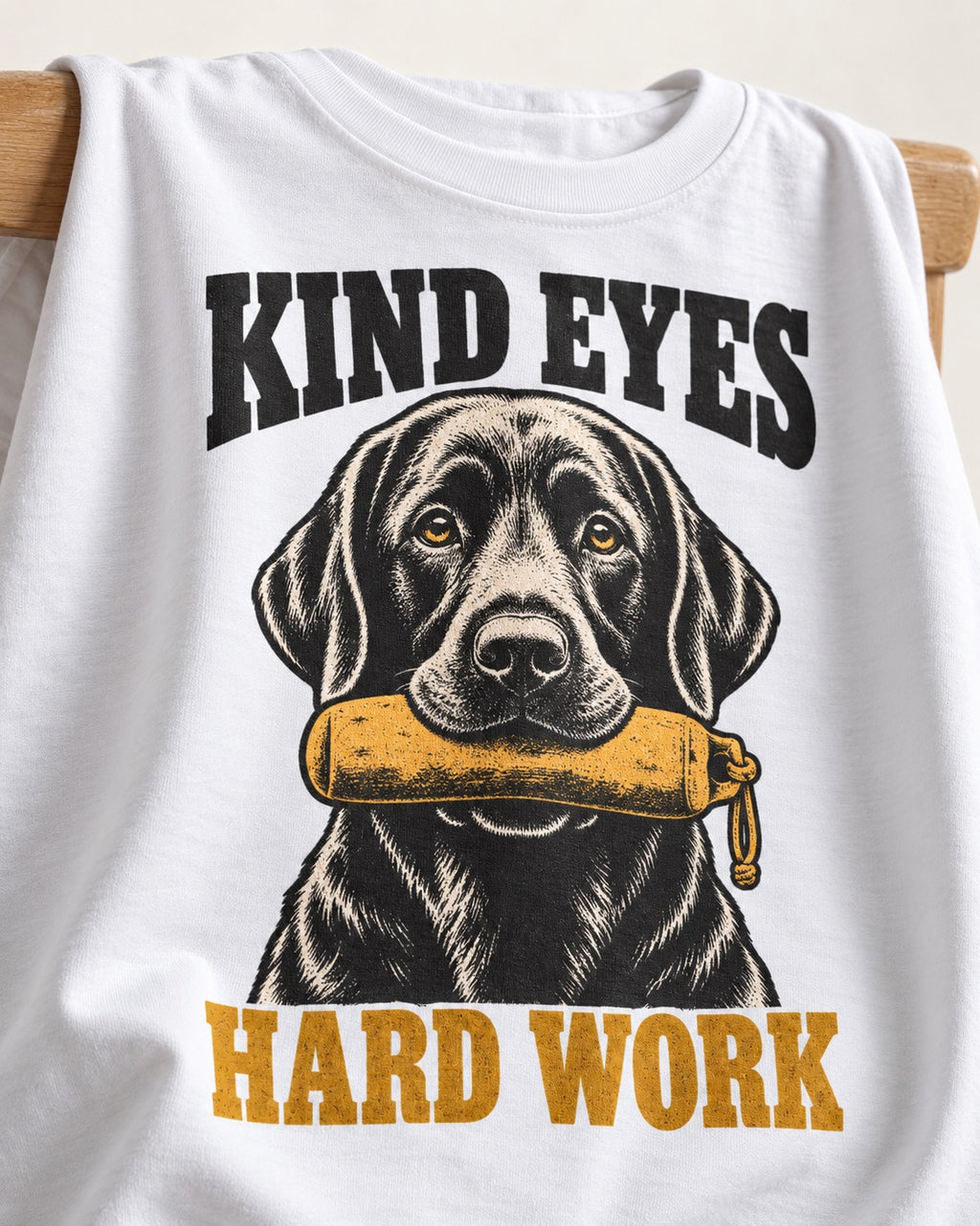 Kind Eyes Hard Work Labrador Retriever T-Shirt in White, close-up of the graphic