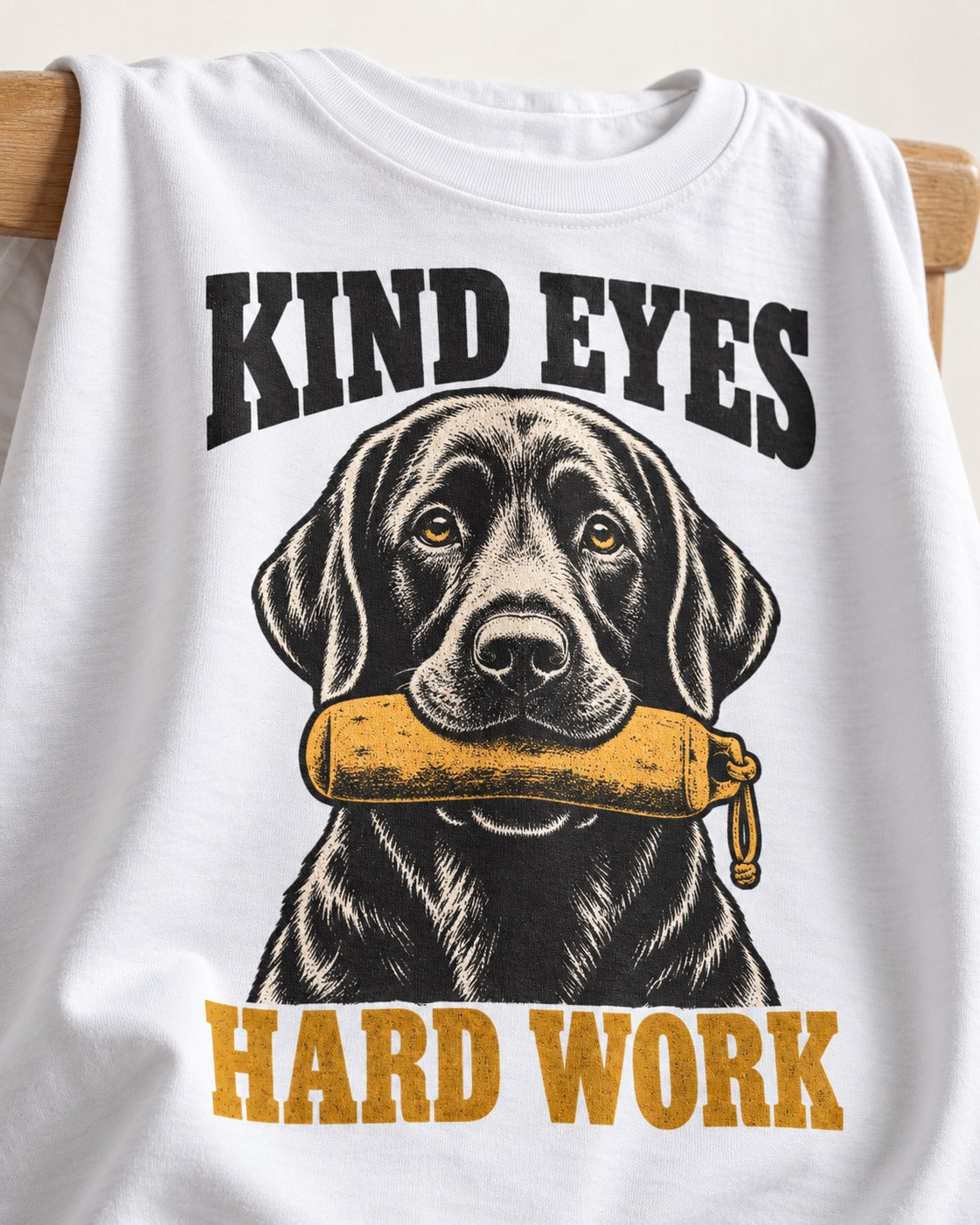 Kind Eyes Hard Work Labrador Retriever T-Shirt in White, close-up of the graphic