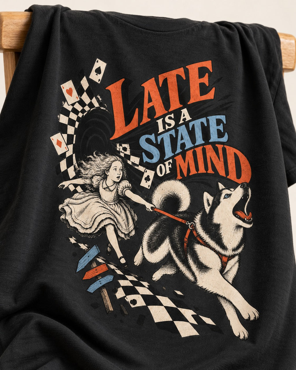 Husky Late Is a State of Mind Wonderland Chase Graphic T-Shirt in Black, close-up of the graphic