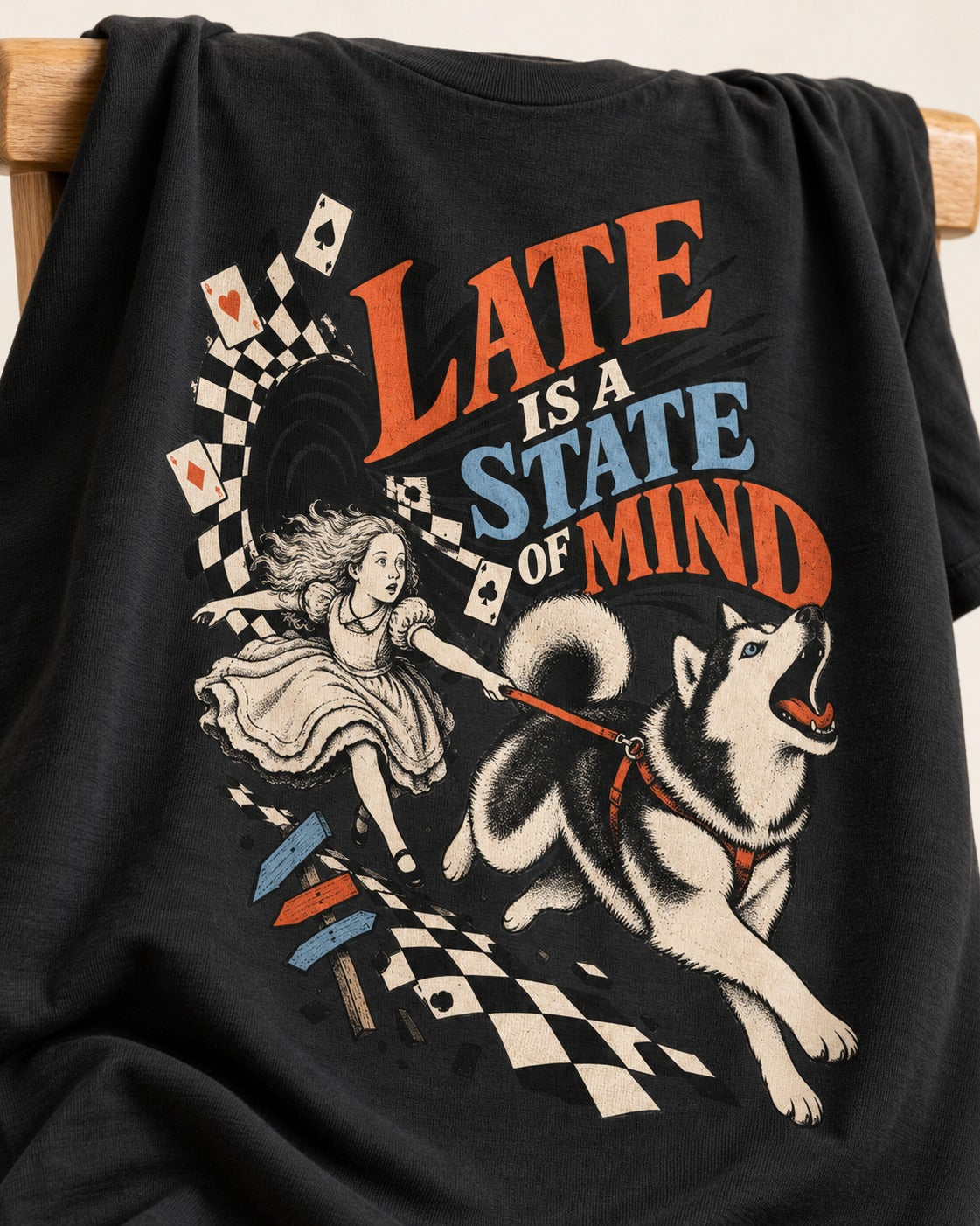 Husky Late Is a State of Mind Wonderland Chase Graphic T-Shirt in Black, close-up of the graphic