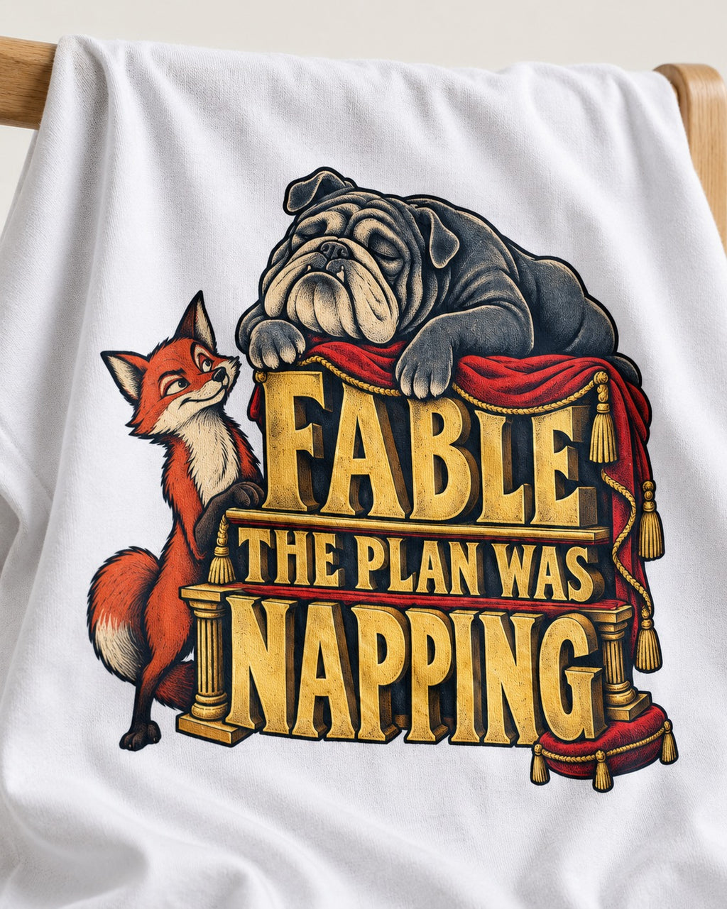 English Bulldog The Plan Was Napping T-Shirt in White, close-up of the graphic