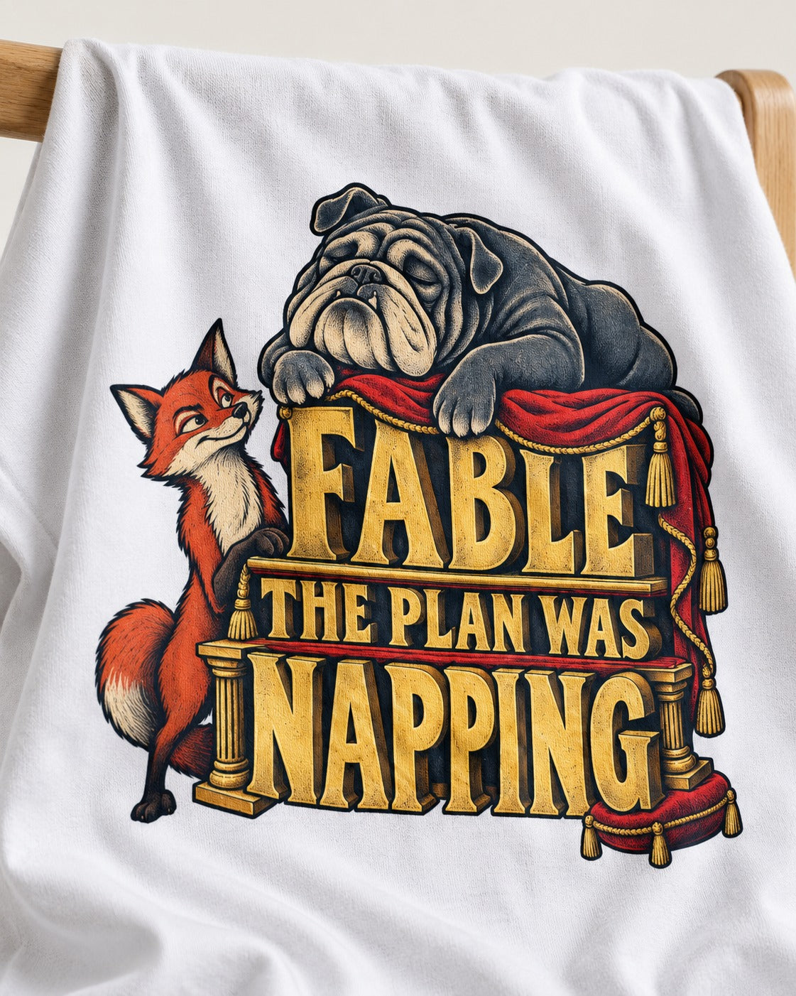 English Bulldog The Plan Was Napping T-Shirt in White, close-up of the graphic
