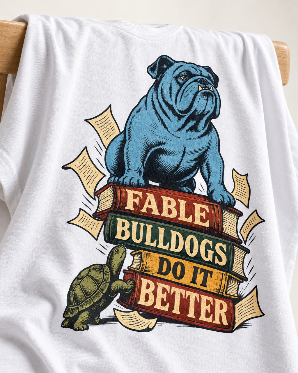 English Bulldog Does It Better T-Shirt in White, close-up of the graphic