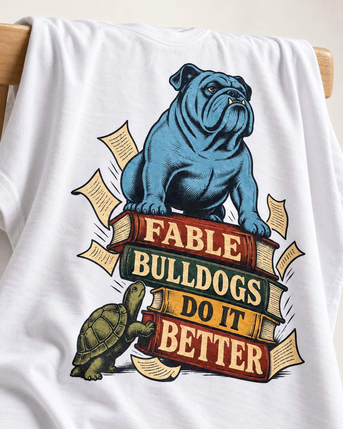 English Bulldog Does It Better T-Shirt in White, close-up of the graphic