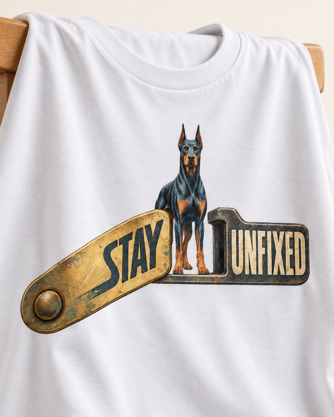 Doberman Stay Unfixed T-Shirt in White, close-up of the graphic