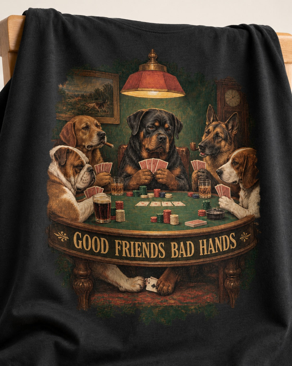 Rottweiler Good Friends Bad Hands Poker Night Graphic T-Shirt in Black, close-up of the graphic