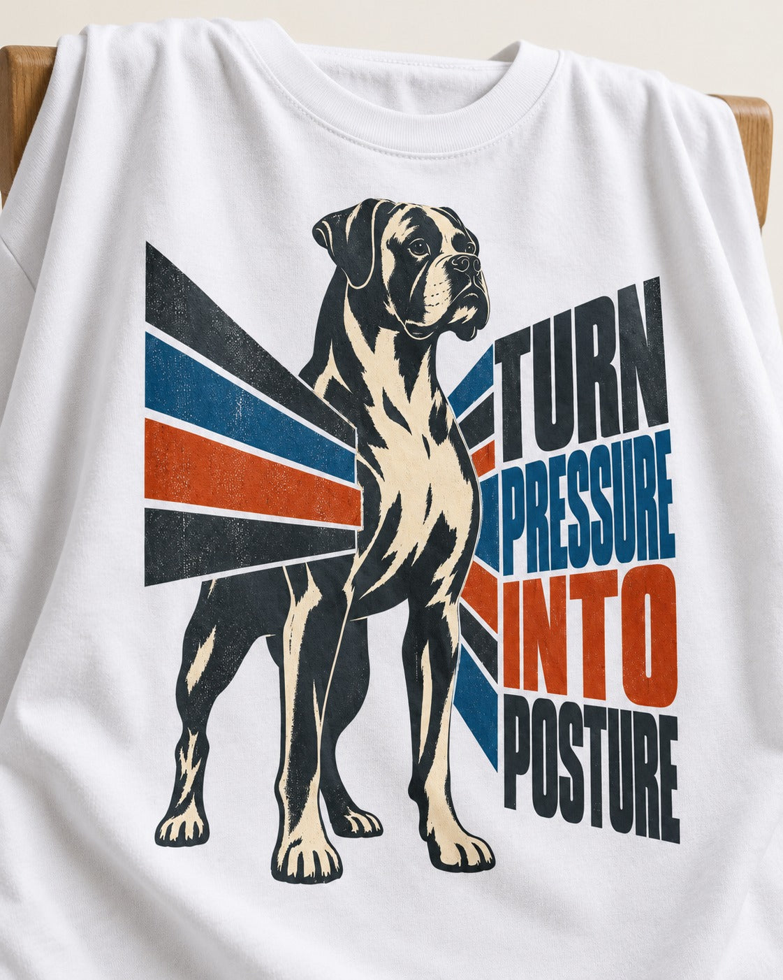 Boxer Turn Pressure Into Posture T-Shirt in White, close-up of the graphic