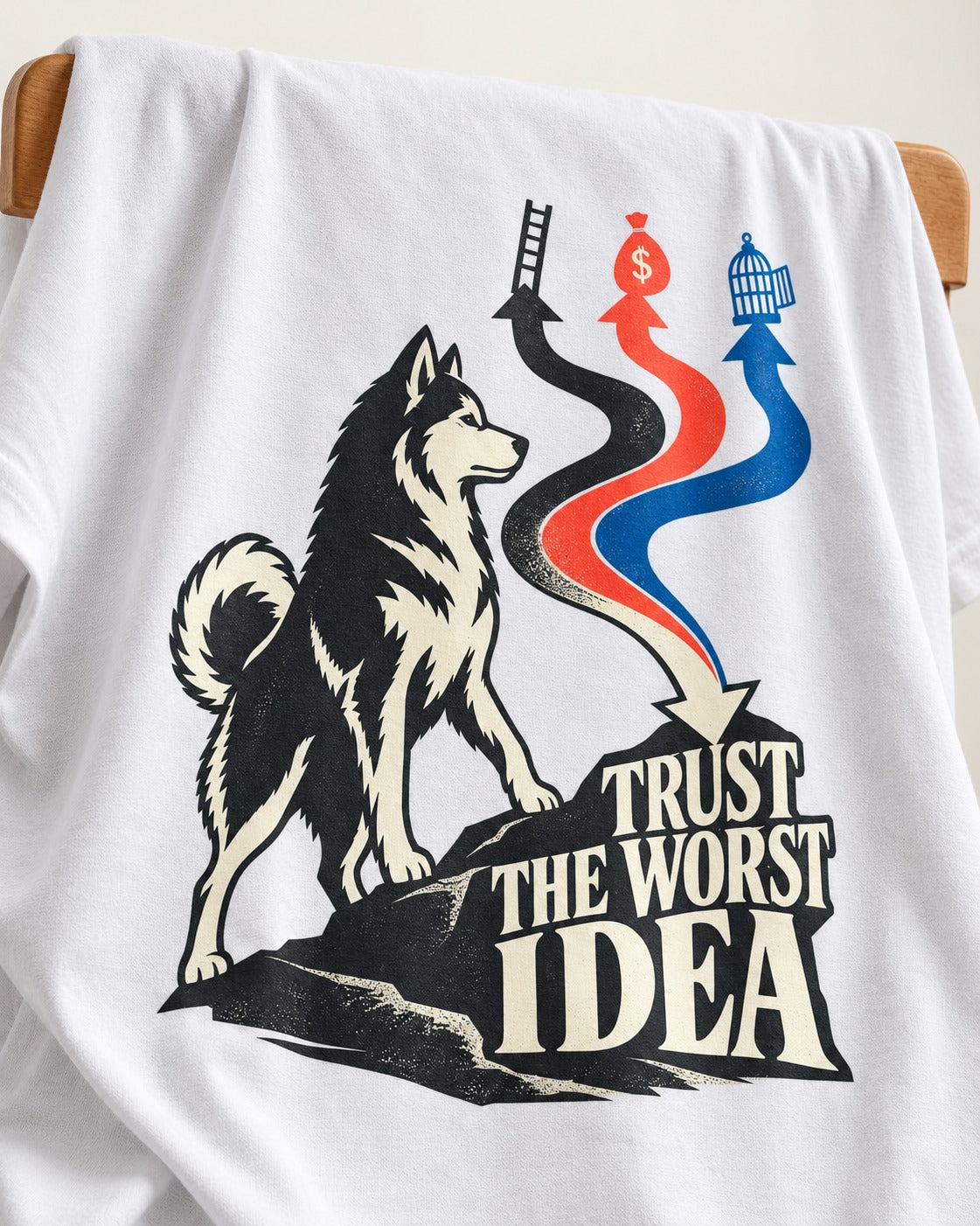 Trust the Worst Husky Idea T-Shirt in White, close-up of the graphic