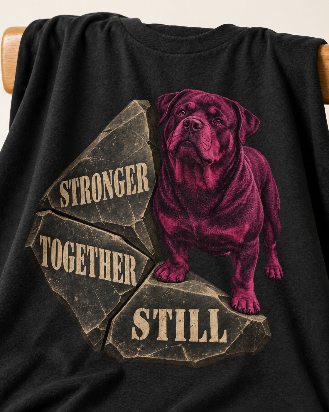 Rottweiler Stronger Together Still Foundation Stone Graphic T-Shirt in Black, close-up of the graphic