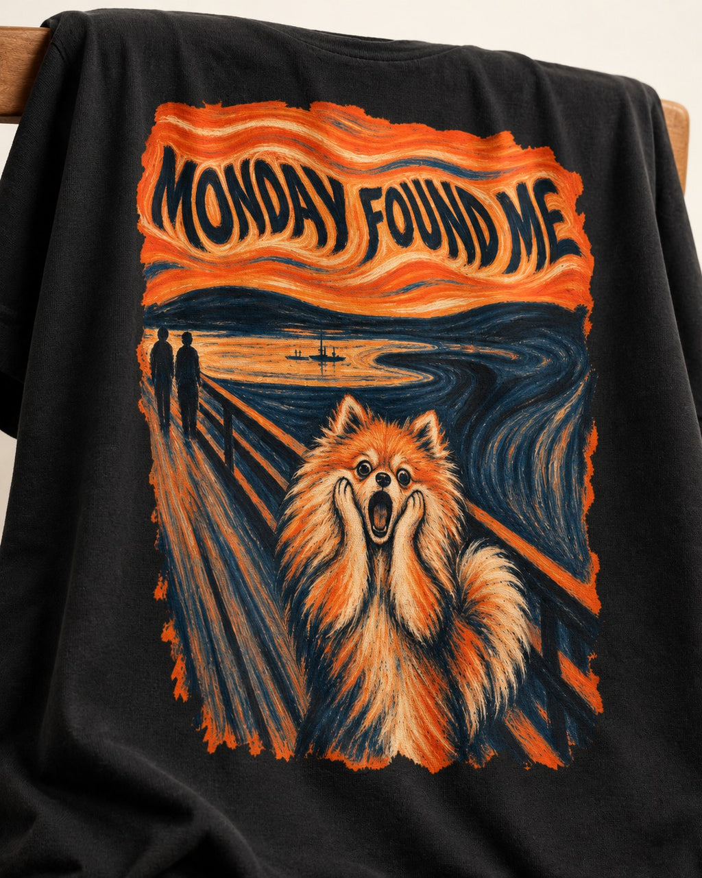 Pomeranian Monday Found Me Scream Parody Graphic T-Shirt in Black, close-up of the graphic