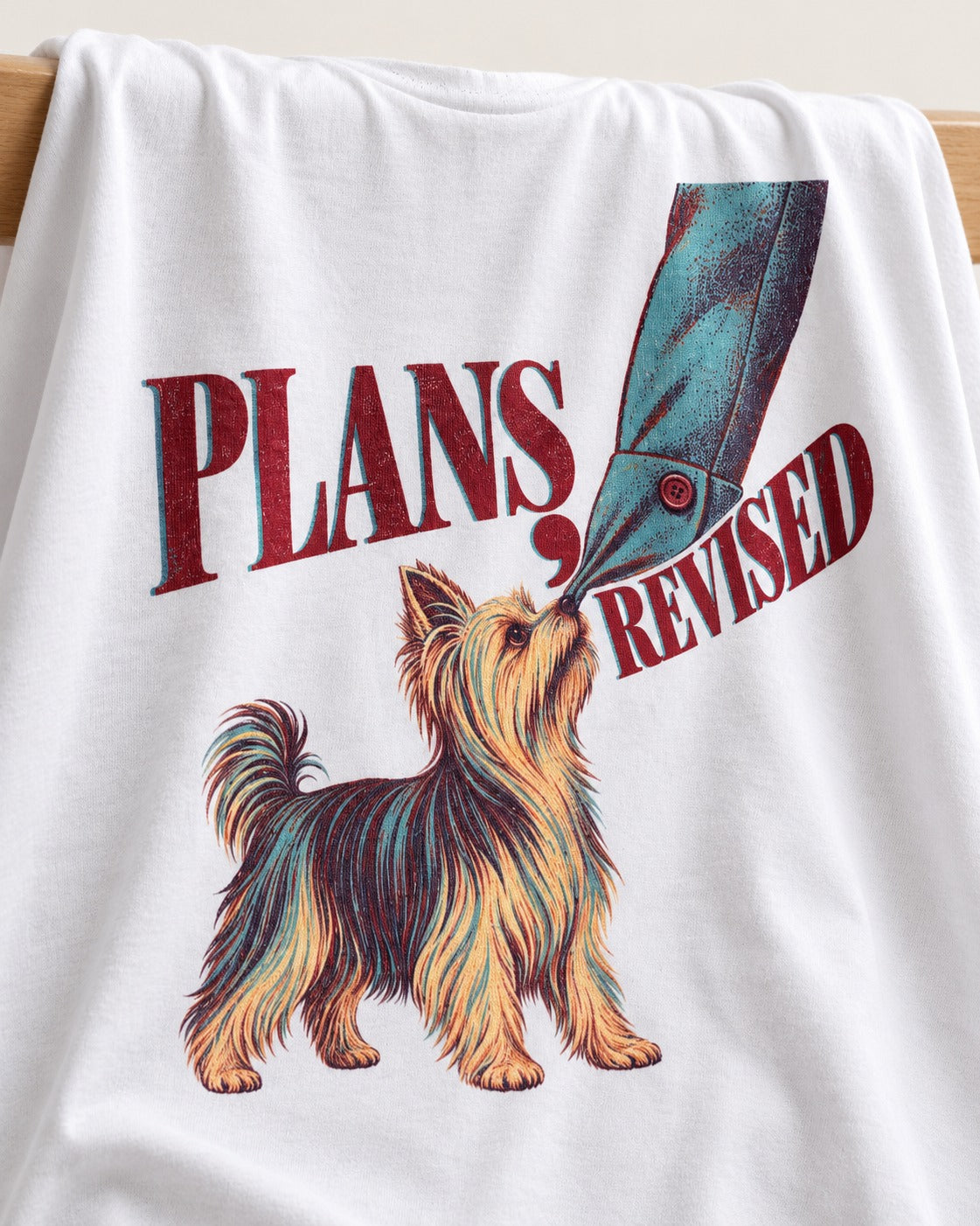 Yorkshire Terrier Plans Revised T-Shirt in White, close-up of the graphic