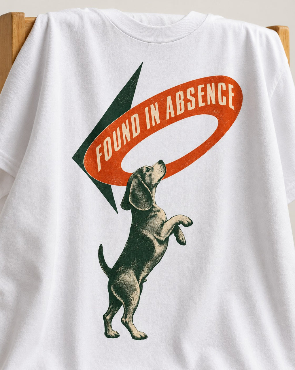Beagle Found in Absence T-Shirt in White, close-up of the graphic