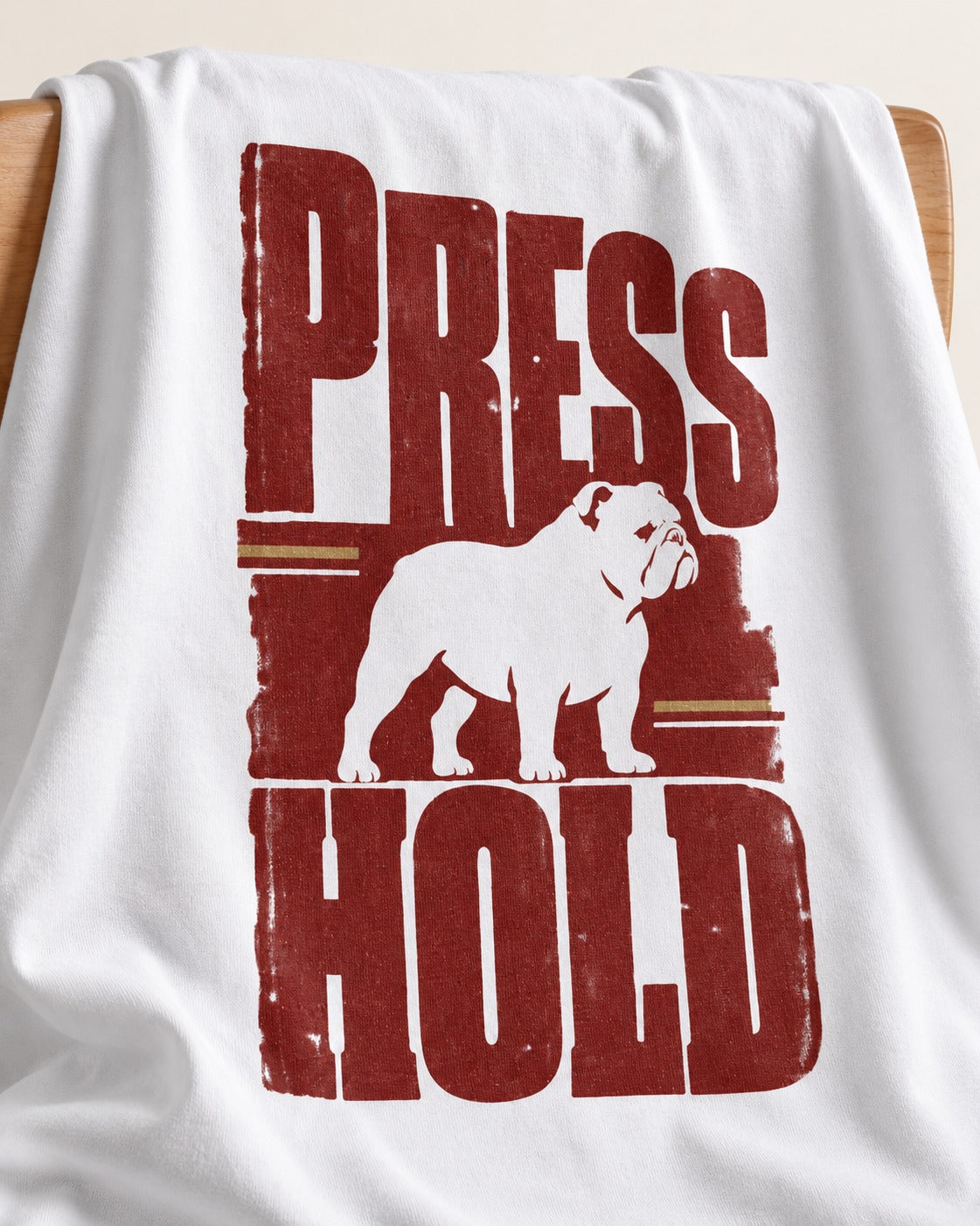 English Bulldog Press and Hold T-Shirt in White, close-up of the graphic