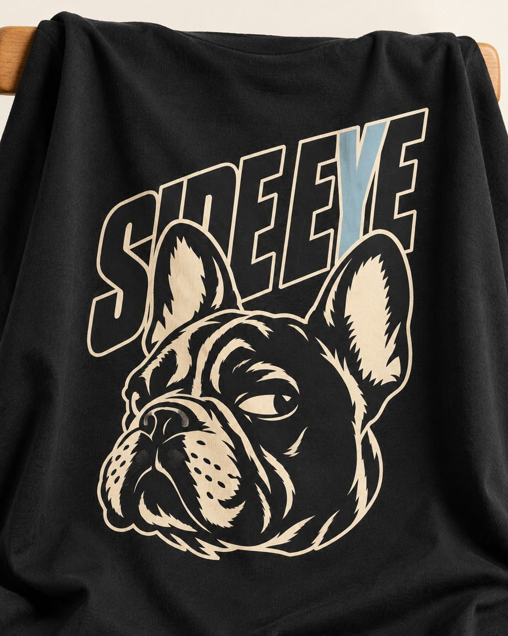 Frenchie Side Eye Portrait Graphic T-Shirt in Black, close-up of the graphic