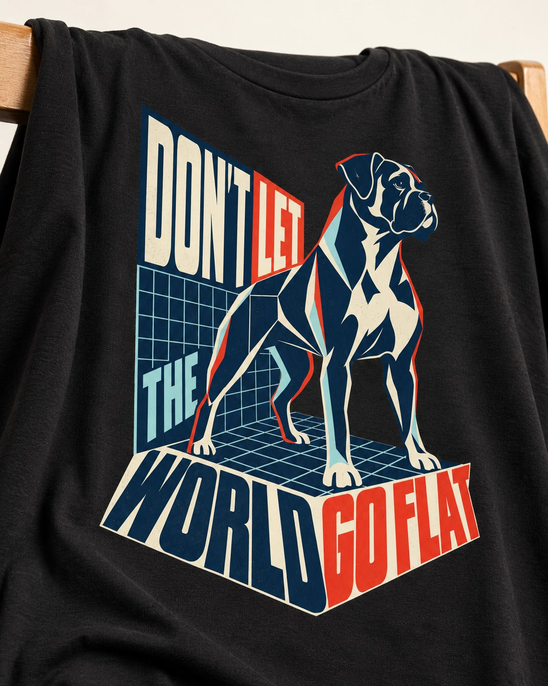 Don't Let the World Go Flat Boxer Perspective Grid Graphic T-Shirt in Black, close-up of the graphic