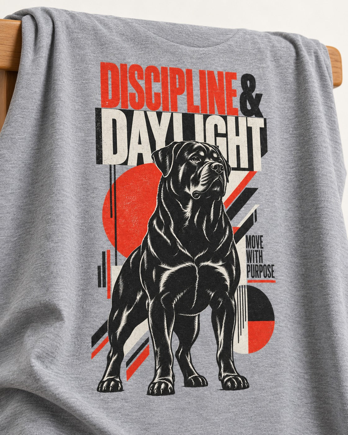 Discipline and Daylight Rottweiler Move With Purpose T-Shirt in Sport Grey, close-up of the graphic