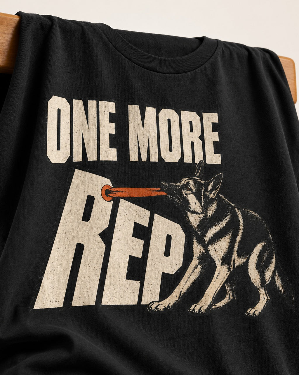 One More Rep Tug German Shepherd Dog Graphic T-Shirt in Black, close-up of the graphic