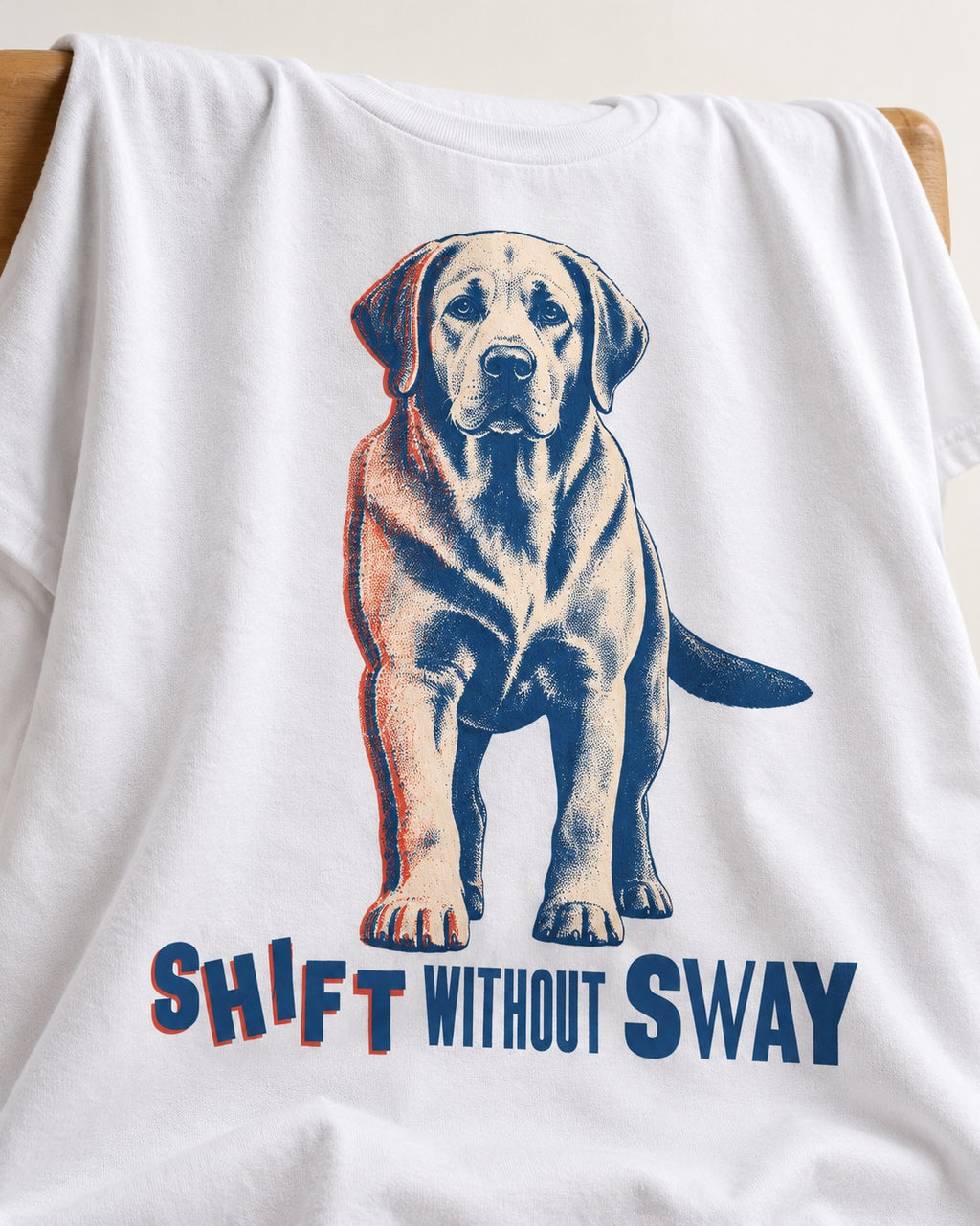 Shift Without Sway Labrador Retriever T-Shirt in White, close-up of the graphic