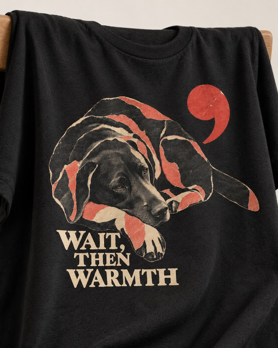 Labrador Retriever Wait Then Warmth Blanket Pause Graphic T-Shirt in Black, close-up of the graphic