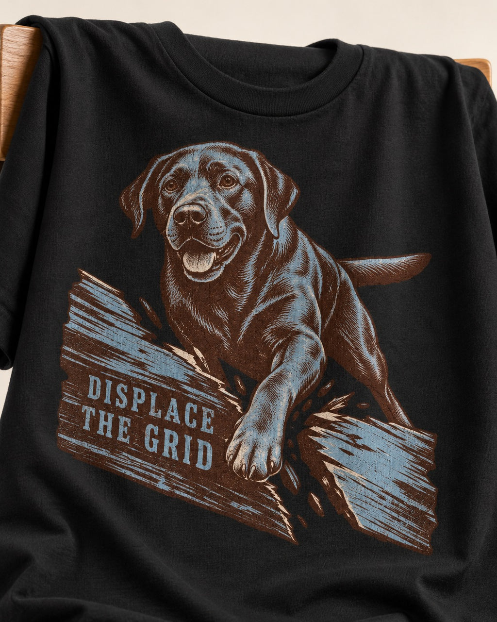 Labrador Retriever Displace the Grid Breaking Plank Graphic T-Shirt in Black, close-up of the graphic