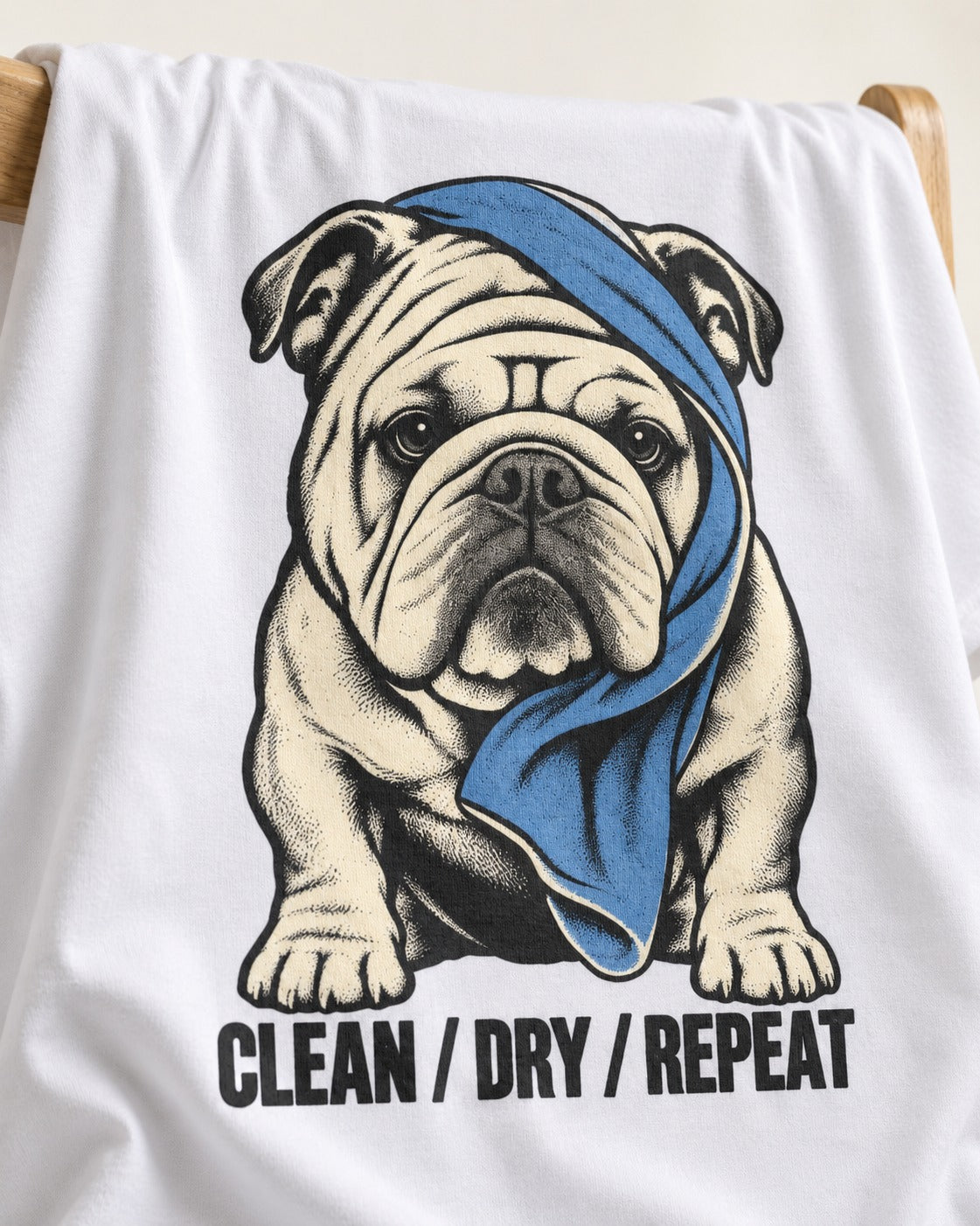 Clean Dry Repeat English Bulldog T-Shirt in White, close-up of the graphic