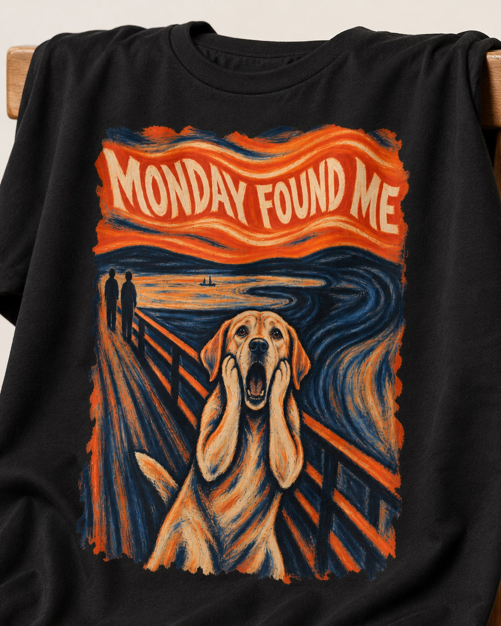 Labrador Retriever Monday Found Me Scream Parody Graphic T-Shirt in Black, close-up of the graphic