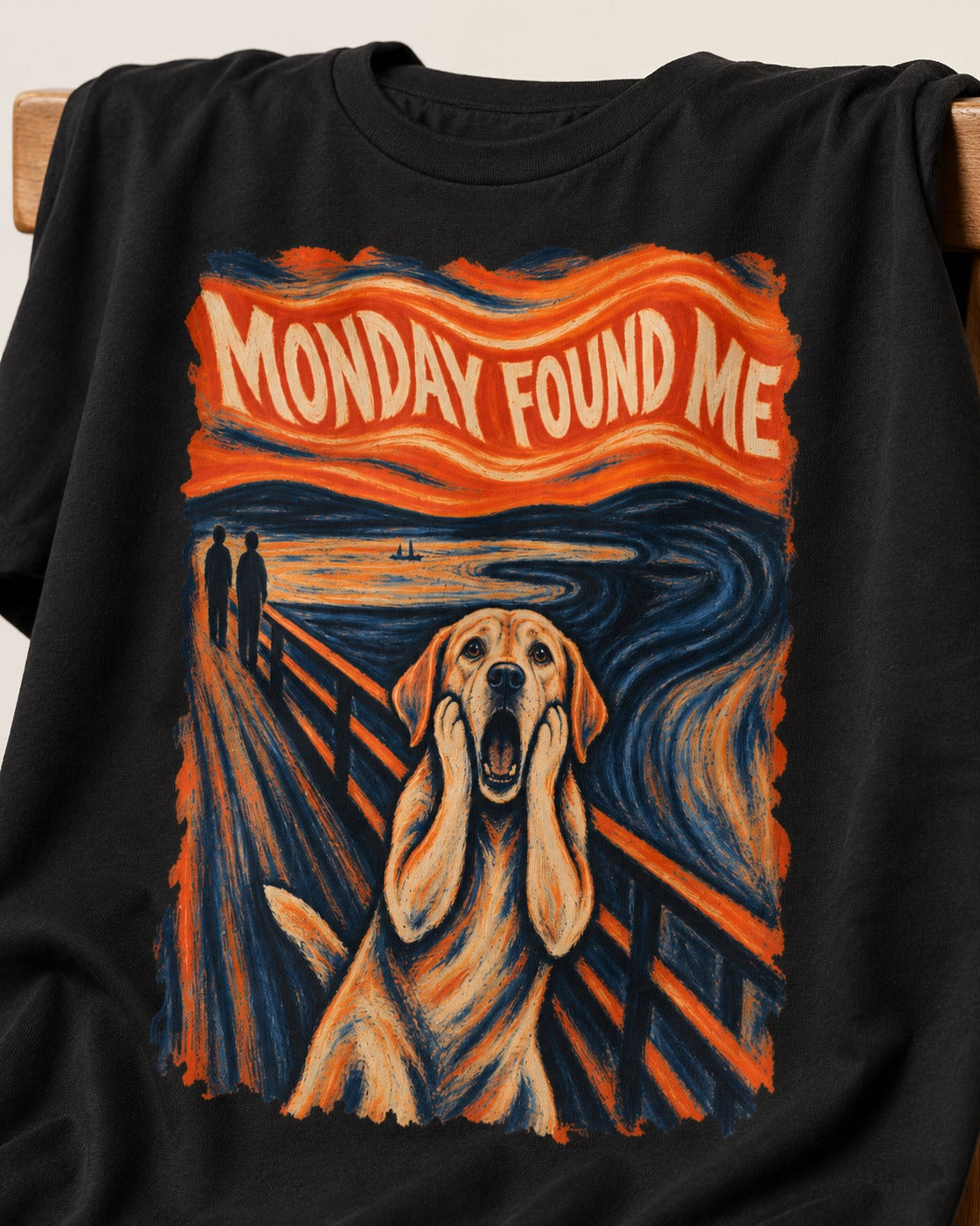Labrador Retriever Monday Found Me Scream Parody Graphic T-Shirt in Black, close-up of the graphic