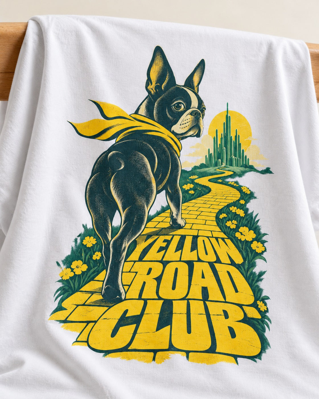 Boston Terrier Yellow Road Club T-Shirt in White, close-up of the graphic