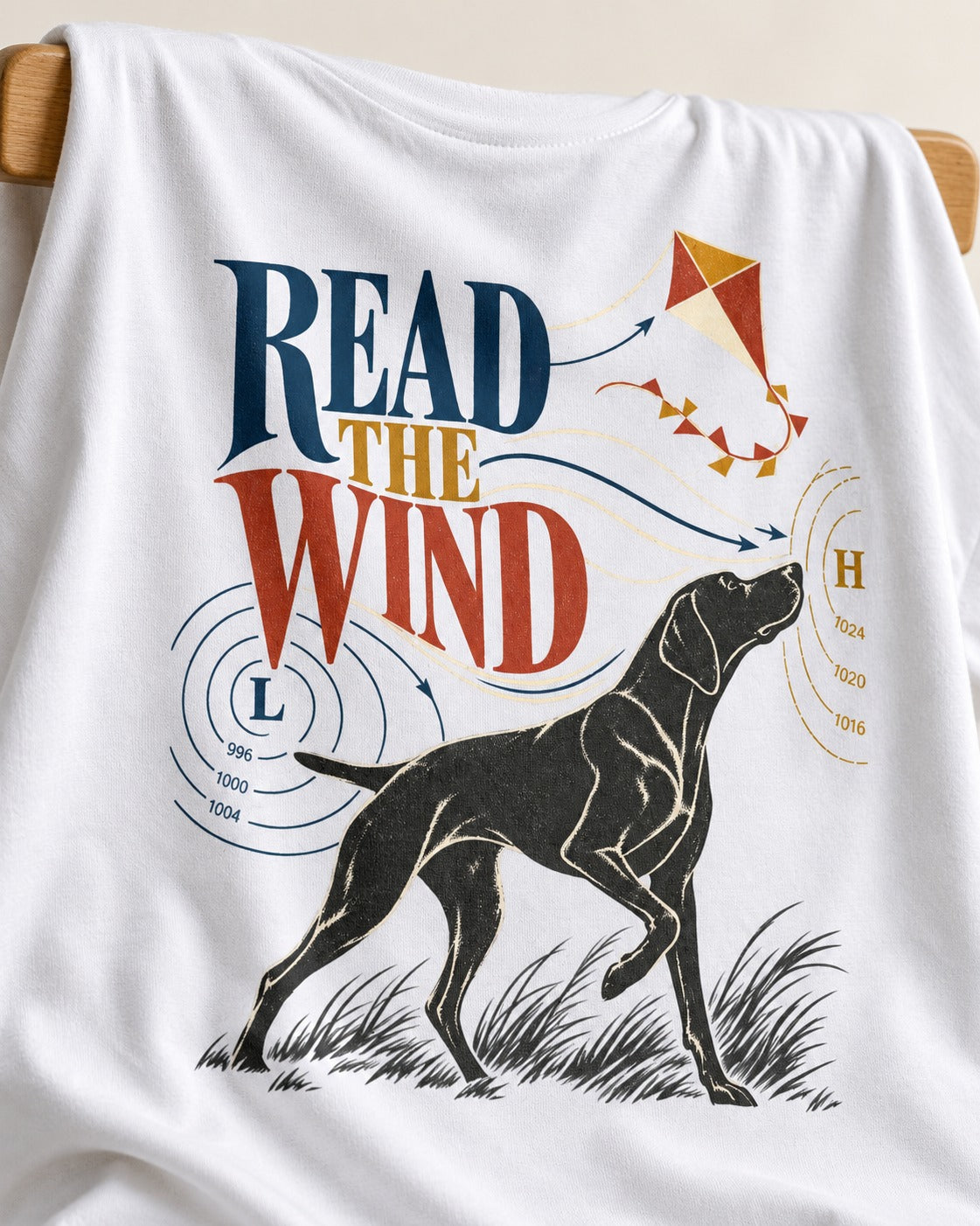 Read the Wind German Shorthaired Pointer T-Shirt in White, close-up of the graphic
