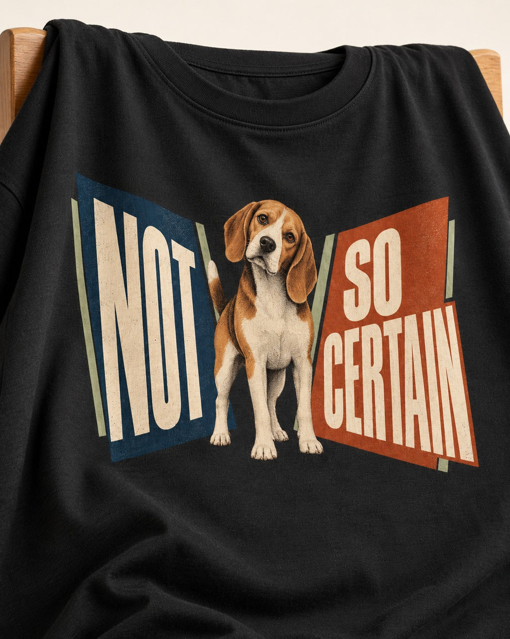 Beagle Not So Certain Retro Panel Graphic T-Shirt in Black, close-up of the graphic