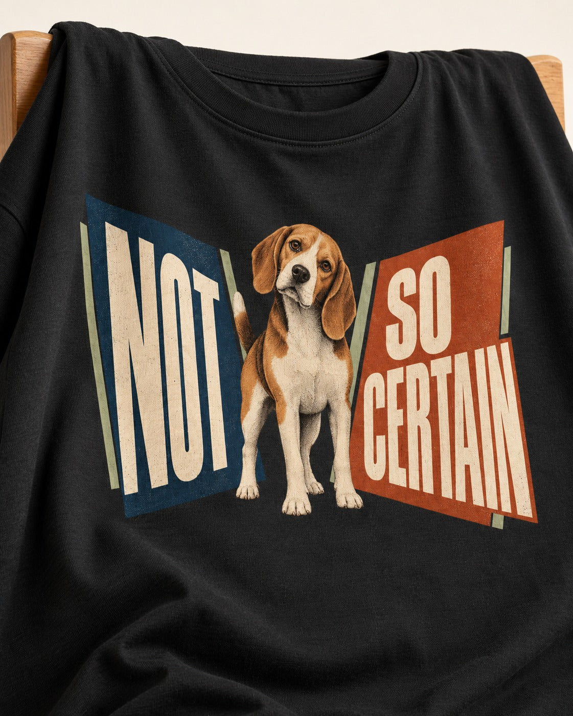 Beagle Not So Certain Retro Panel Graphic T-Shirt in Black, close-up of the graphic