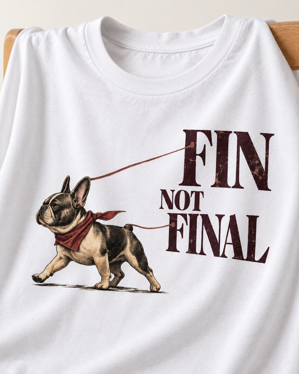 Frenchie Fin Not Final T-Shirt in White, close-up of the graphic
