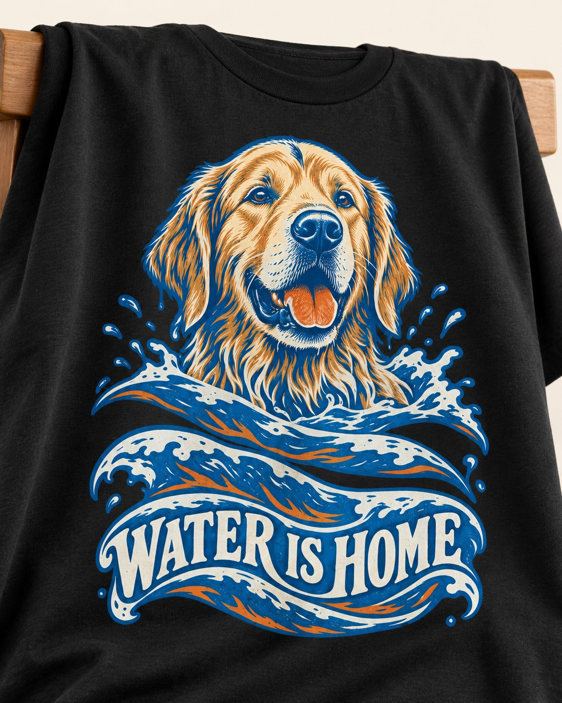 Golden Retriever Water Is Home Ocean Wave Graphic T-Shirt in Black, close-up of the graphic
