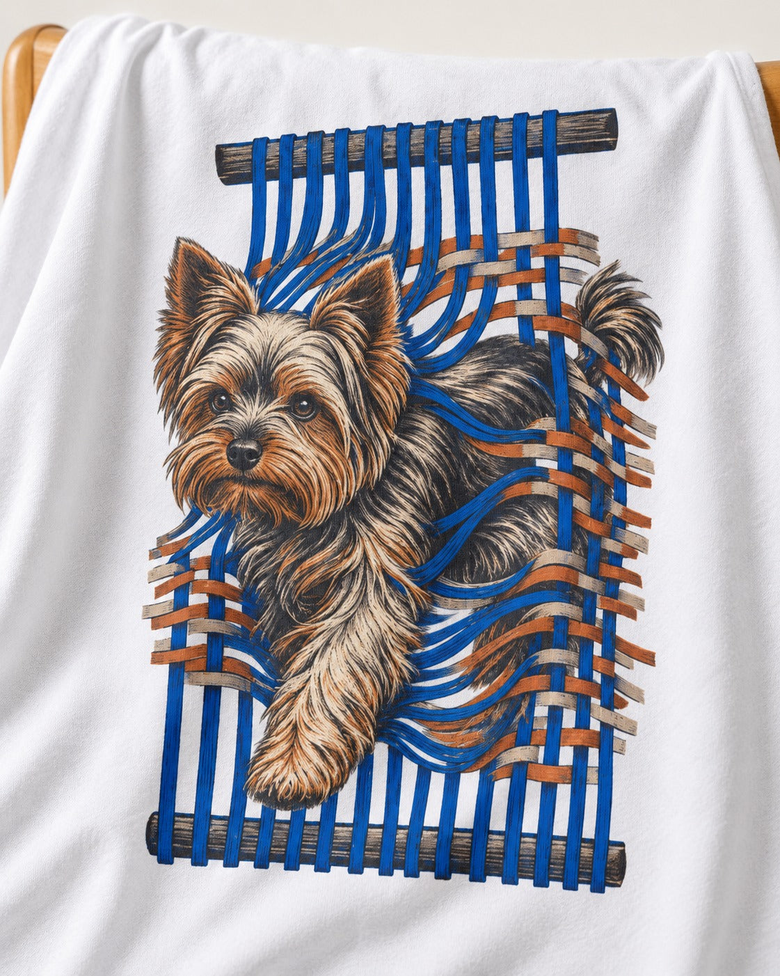 Yorkshire Terrier Unbound T-Shirt in White, close-up of the graphic