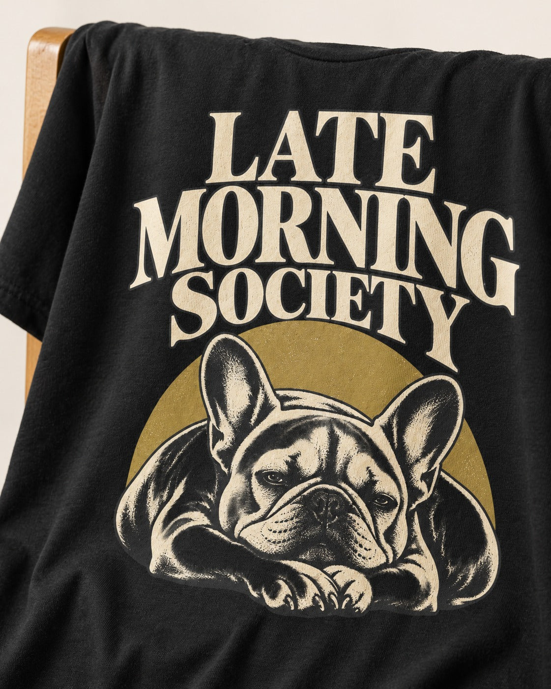 Frenchie Late Morning Society Graphic T-Shirt in Black, close-up of the graphic