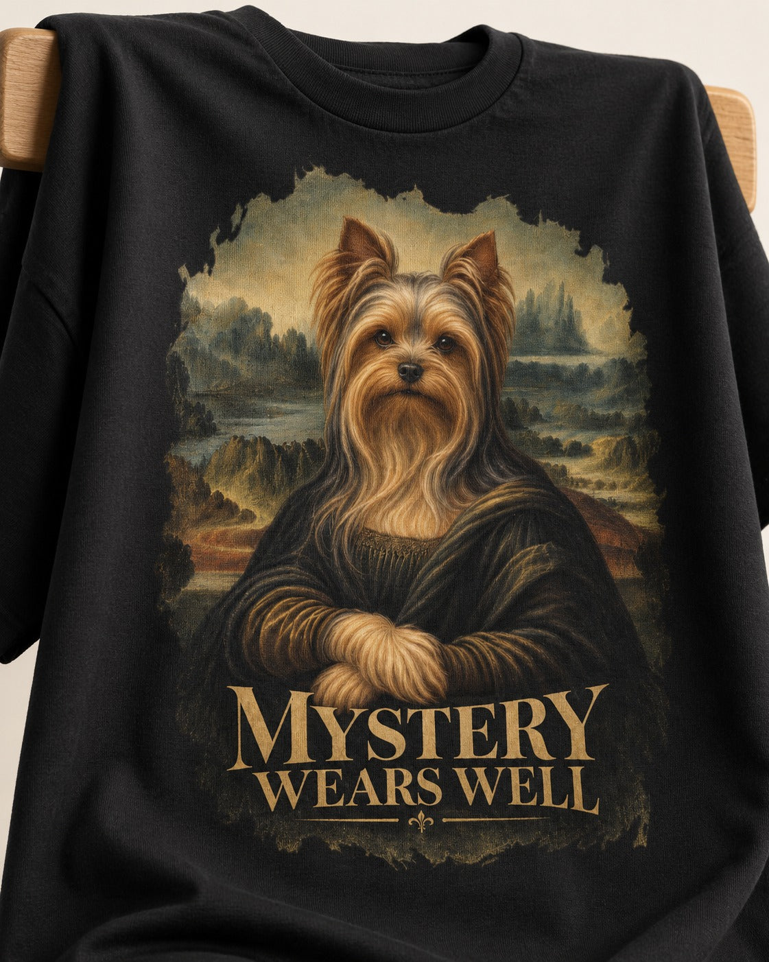 Yorkshire Terrier Mystery Wears Well Mona Lisa Portrait Graphic T-Shirt in Black, close-up of the graphic