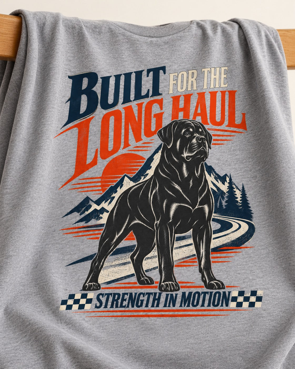 Built for the Long Haul Rottweiler Strength in Motion T-Shirt in Sport Grey, close-up of the graphic