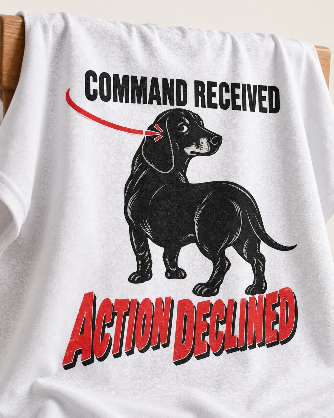 Dachshund Action Declined T-Shirt in White, close-up of the graphic