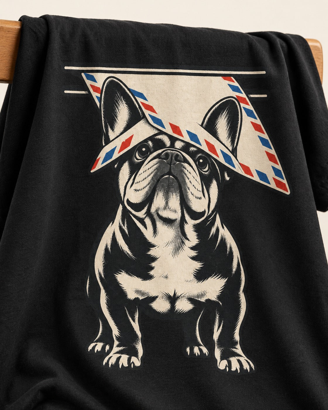 Frenchie Mail Slot Intercept Graphic T-Shirt in Black, close-up of the graphic